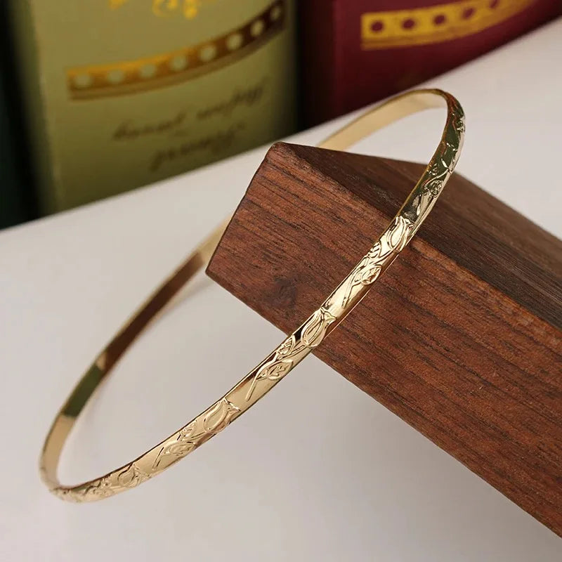 Herseygold Slim Metal Bangles Gold Plated Carved Flower Layered Cuff Bracelet Luxury Bride Jewelry Ethnic Mother Day Gift