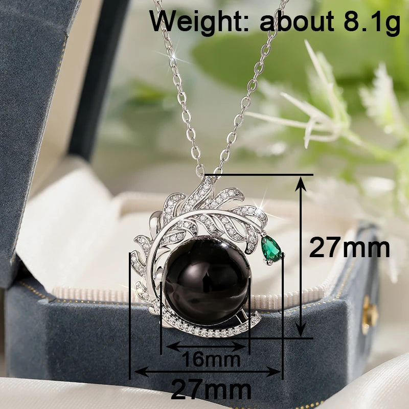 Huitan Aesthetic Branch Design Pendant Necklace with Black Imitation Pearl Pear Green CZ Luxury Trendy Wedding Jewelry for Women