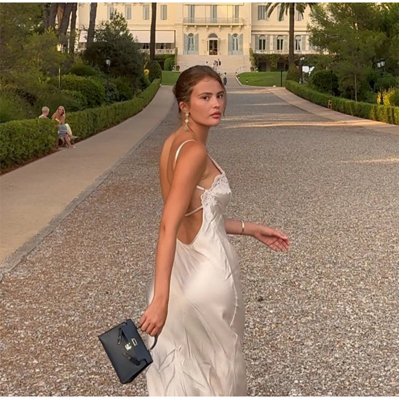 Sexy Satin Sling Maxi Dress Women V-neck Lace Patchwork Sleeveless Backless Slim Dresses 2026 Lady Chic Vacation White Robe