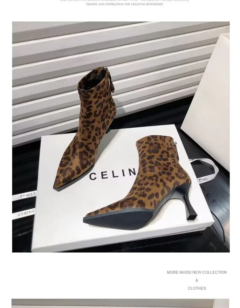 Autumn Women's High Heel Leopard Print Ankle Boots New Winter Pointed Head Thin Heel Chelsea Boots for Shoes Dress D503