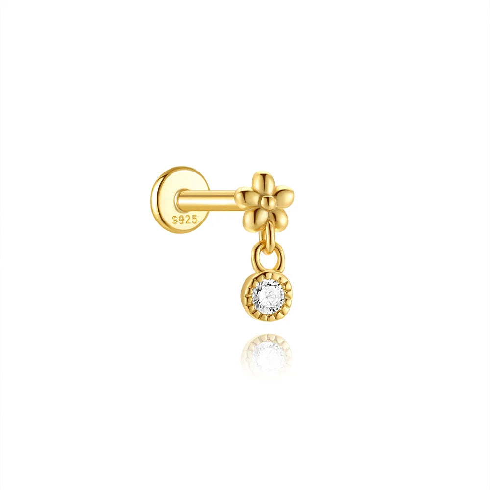 Aide 925 Sterling Silver Heart Flat Push-Back Zircon Pendiente Piercing Stud Earrings For Women K Gold Simple Elegant Jewelry