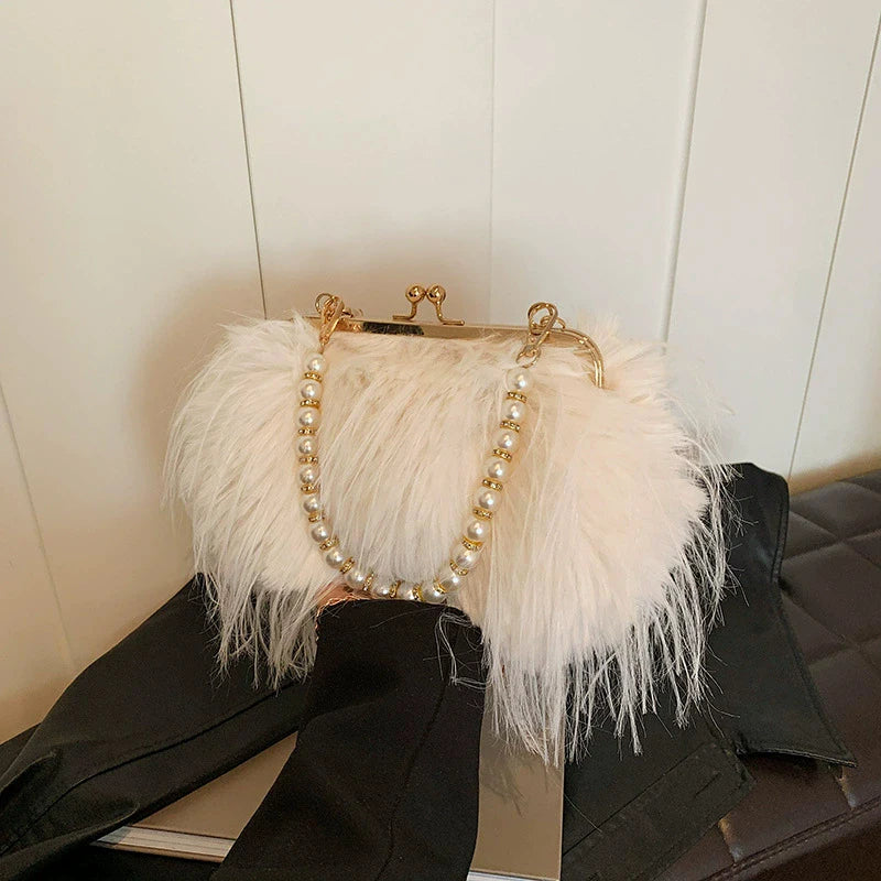 French Square Evening Banquet Bag Handle Pearls Plush Handbag Large Capacity Lock Buckle Shoulder Crossbody Bag Wedding