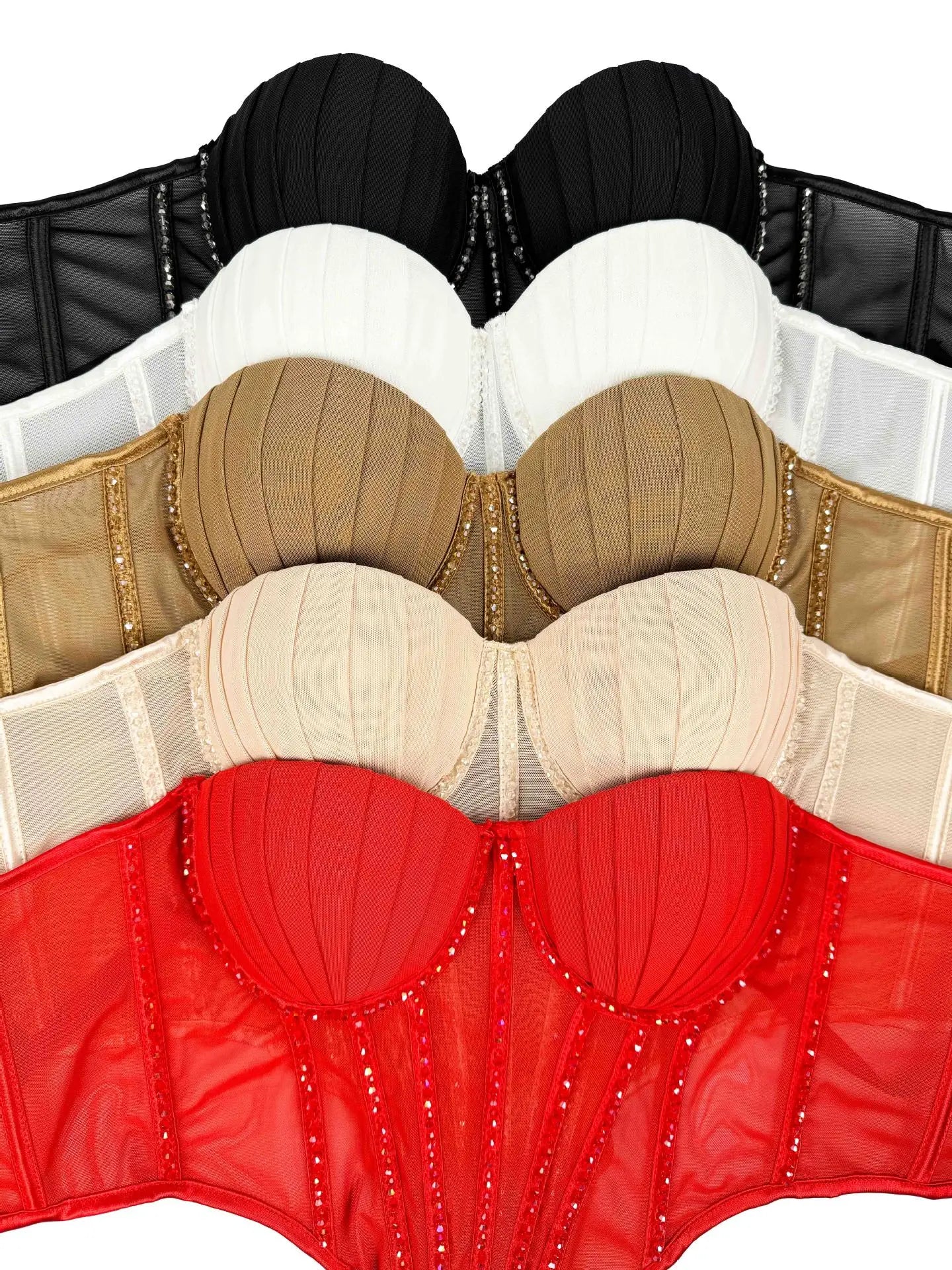 Sexy Mesh Design Camisole Vest Style Ladies Corset Tops with Chest Cushion Sparkling Diamond Decoration Fishbone Lingerie Tops