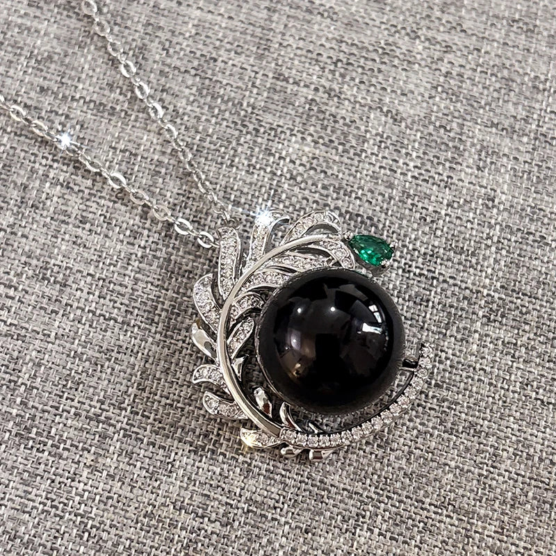 Huitan Aesthetic Branch Design Pendant Necklace with Black Imitation Pearl Pear Green CZ Luxury Trendy Wedding Jewelry for Women