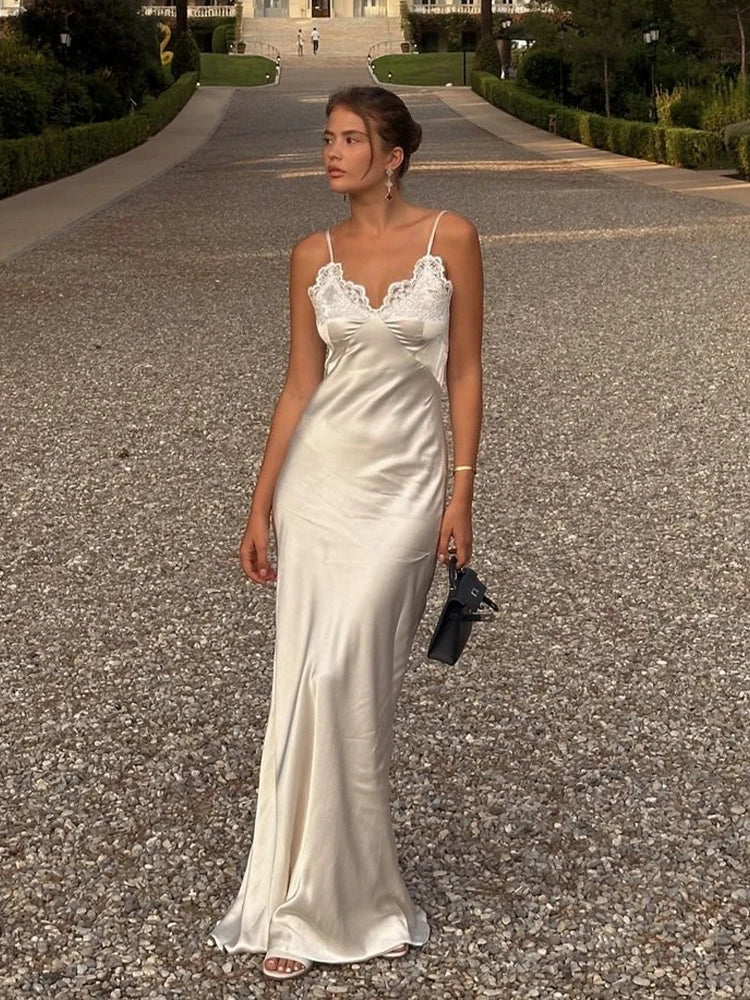 Sexy Satin Sling Maxi Dress Women V-neck Lace Patchwork Sleeveless Backless Slim Dresses 2026 Lady Chic Vacation White Robe