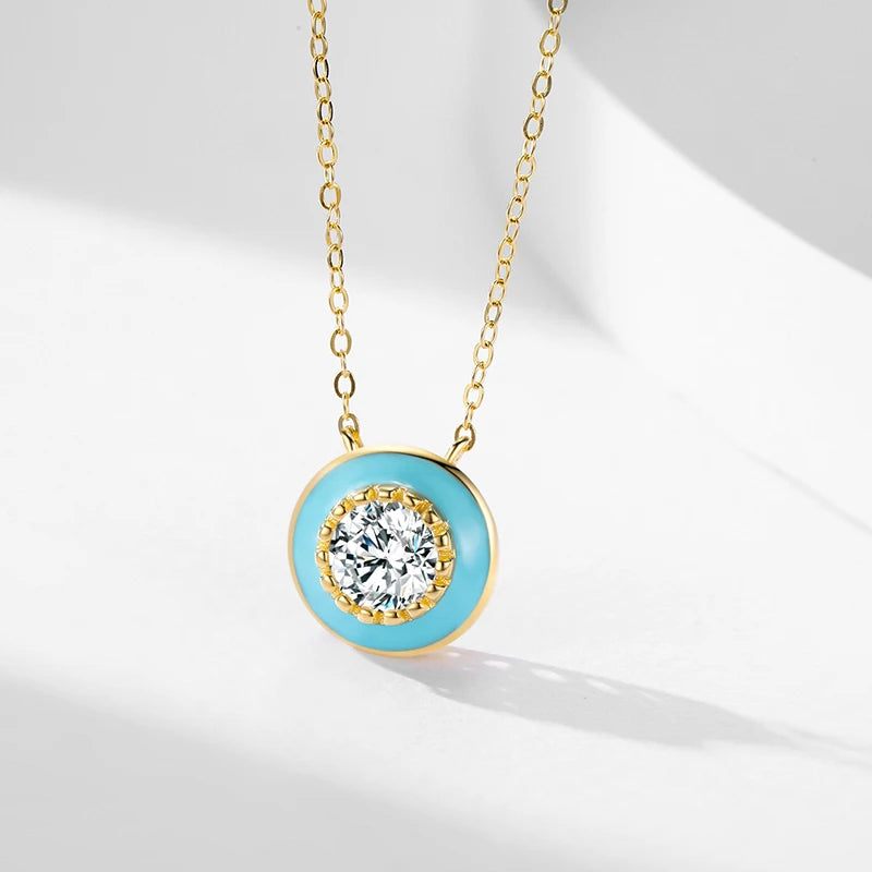 Ailmay 925 Sterling Silver Elegant Round Blue Enamel Pendant Shiny Zirconia Necklace For Women Wedding Engagement Fine Jewelry