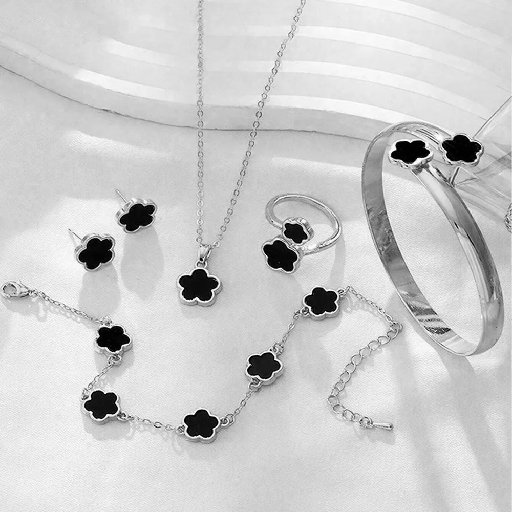 5pcs Lucky Five-petal Flower Women's Jewelry Set, Fashion Flower Bracelet + Necklace + Earrings + Bracelet + Ring, Birthday, Ann