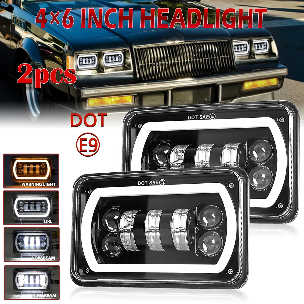 HL 4X6inch Black Square LED Headlight 2Color DRL LED Driving Light For Honda Offroad Trucks Accessories Rectangular Light 12V