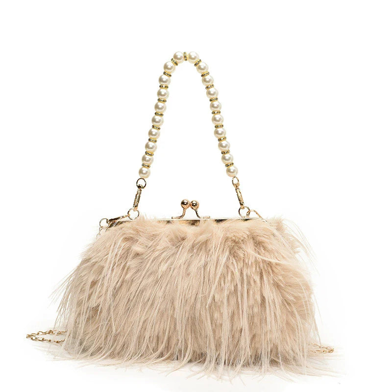 French Square Evening Banquet Bag Handle Pearls Plush Handbag Large Capacity Lock Buckle Shoulder Crossbody Bag Wedding