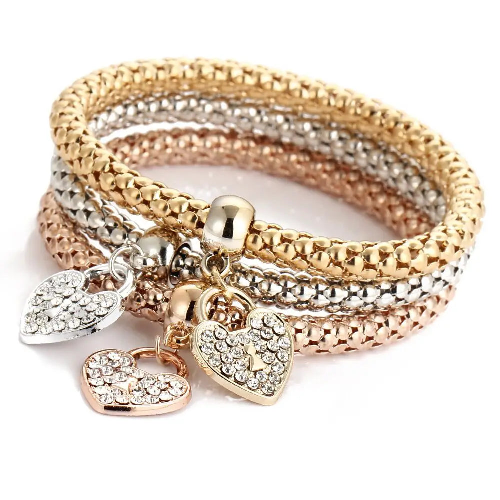 3Pcs Fashion Heart Bracelet Set For Women Crystal Owl Lock Key Music Sign Butterfly Elephant Charm Bangle Party Jewelry Gift