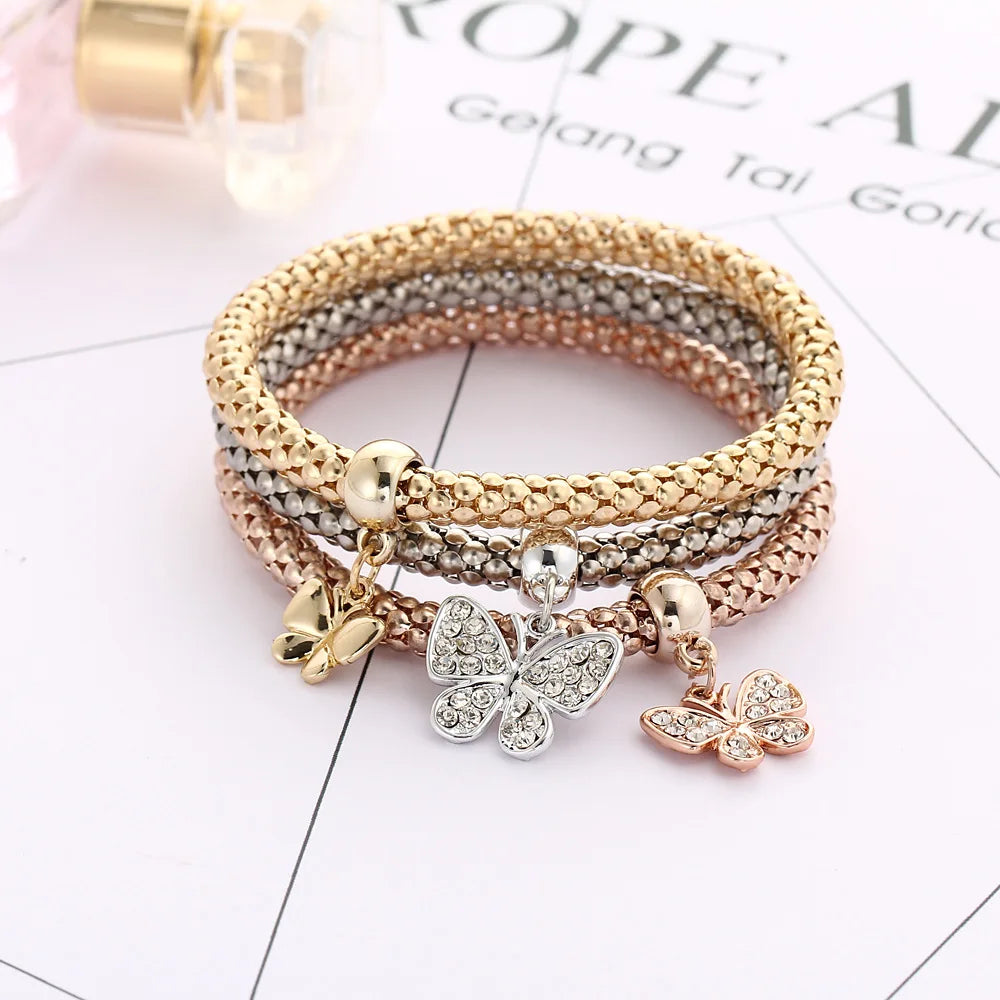 3Pcs Fashion Heart Bracelet Set For Women Crystal Owl Lock Key Music Sign Butterfly Elephant Charm Bangle Party Jewelry Gift