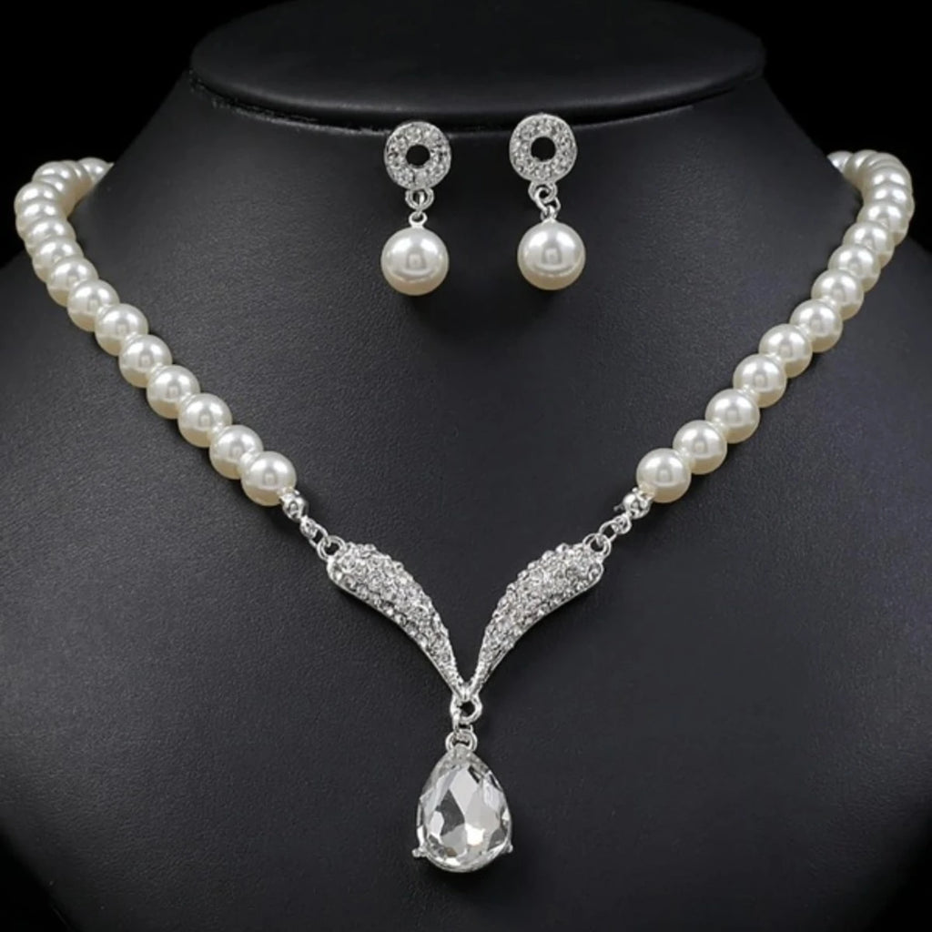 3PC Women's Fashion Trend Pearl Droplet Necklace Earrings Jewelry Set Wedding Banquet Party Festival Gift