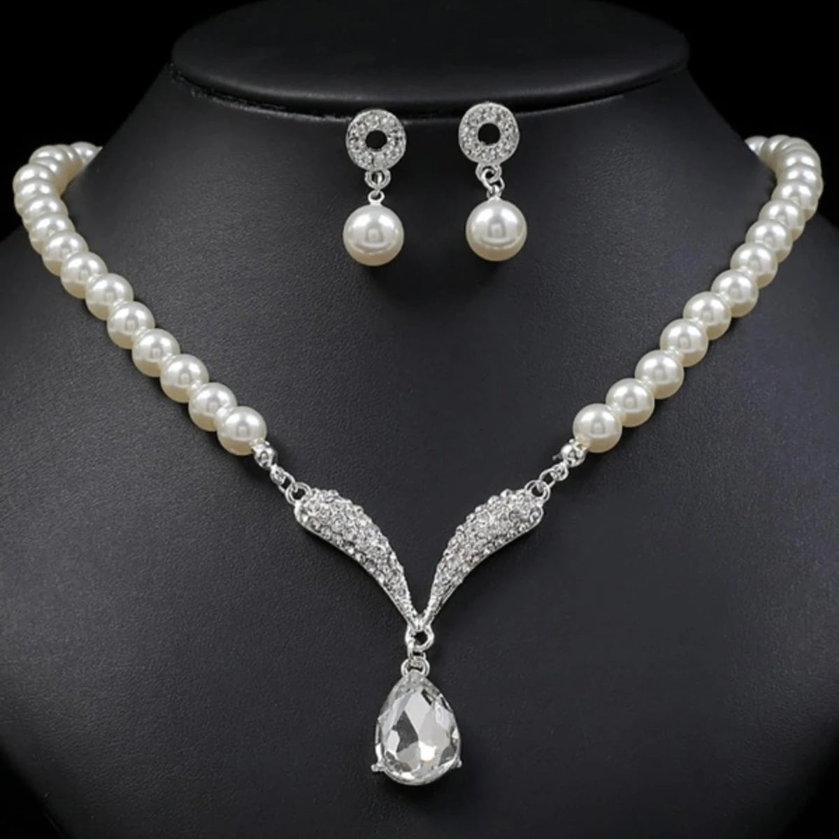 3PC Women's Fashion Trend Pearl Droplet Necklace Earrings Jewelry Set Wedding Banquet Party Festival Gift