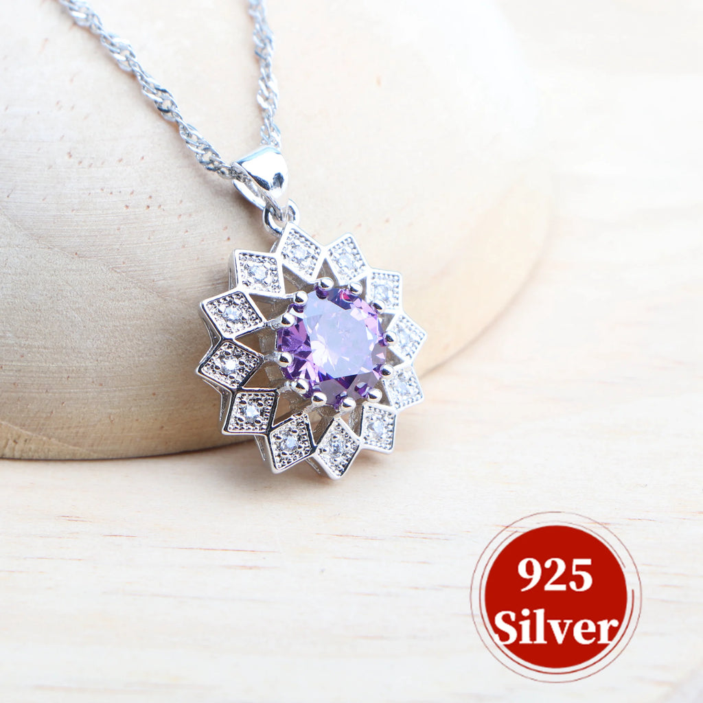 Wedding Silver 925 Jewelry Sets Bracelets Rings Earrings Pendant Purple Cubic Zirconia Necklace For Women Bridal Set Jewelry