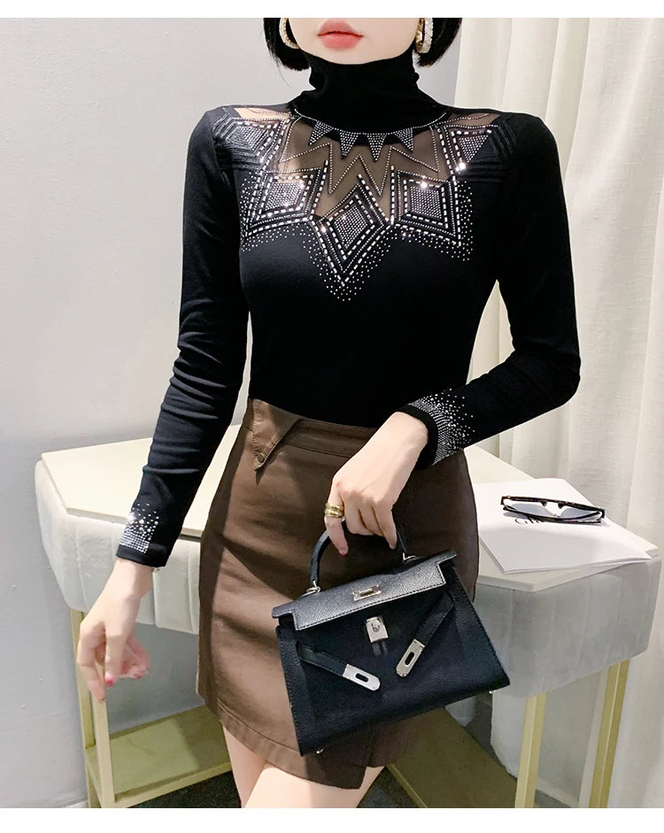 2025 European Station Long Sleeve Women Tees Autumn Winter New Stand collar Hot Diamond T Shirt Fashion Slim Mesh Tops