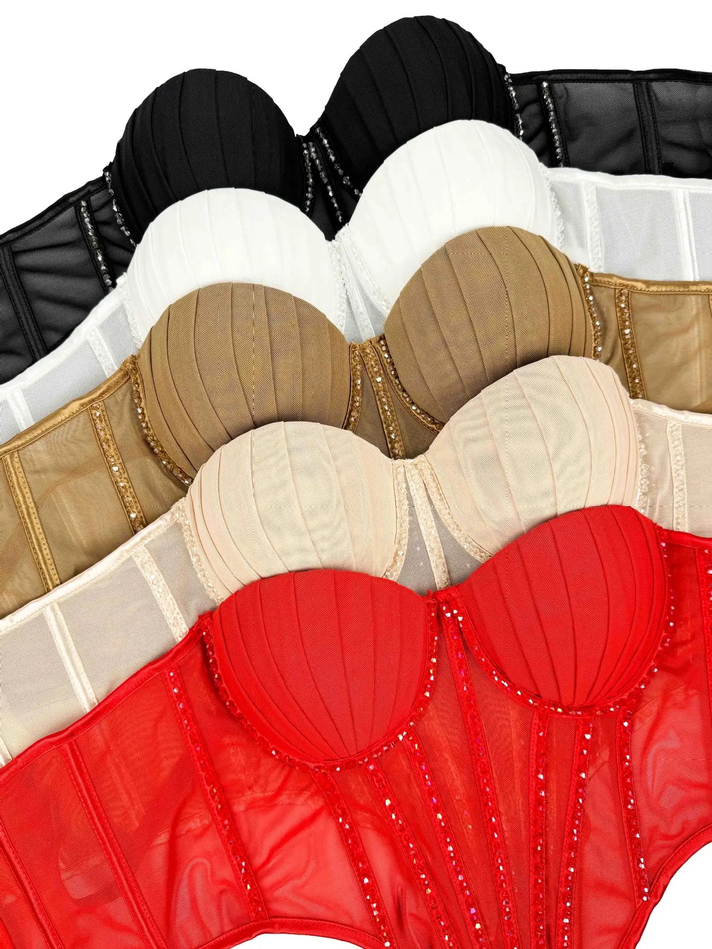 Sexy Mesh Design Camisole Vest Style Ladies Corset Tops with Chest Cushion Sparkling Diamond Decoration Fishbone Lingerie Tops