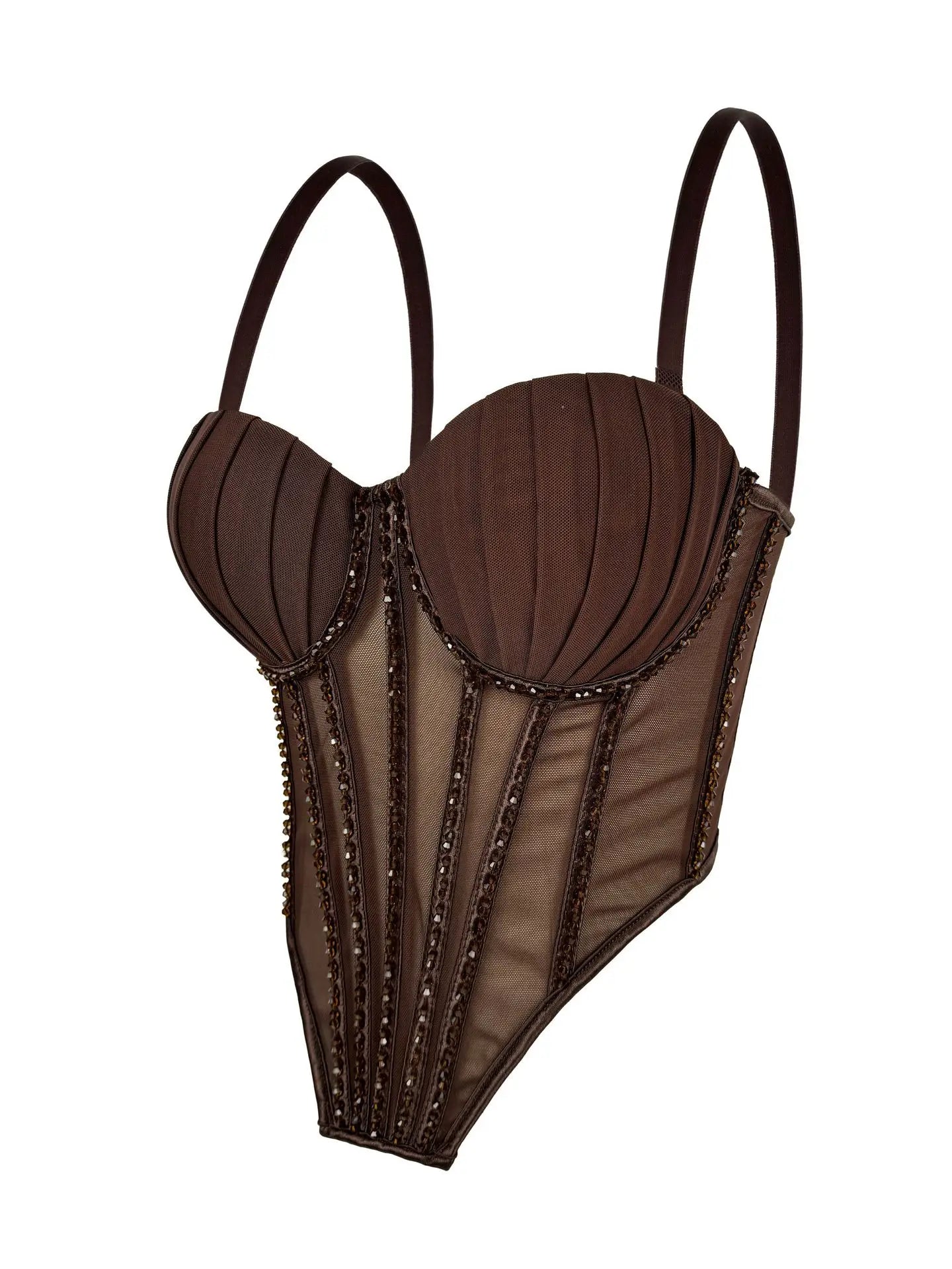 Sexy Mesh Design Camisole Vest Style Ladies Corset Tops with Chest Cushion Sparkling Diamond Decoration Fishbone Lingerie Tops