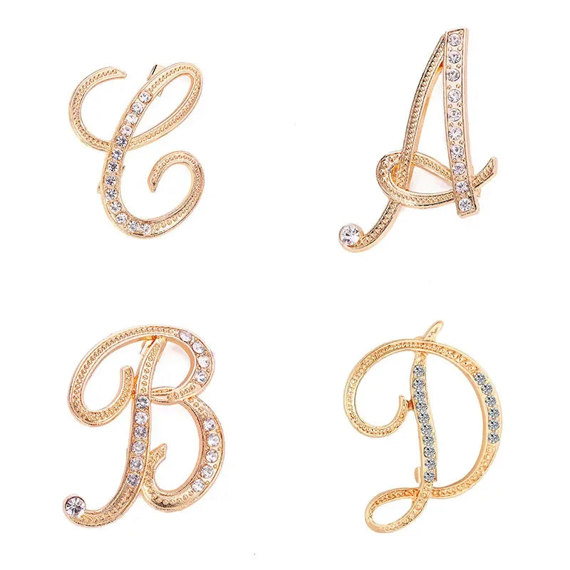 A-Z Letter Brooch Women Rhinestones Gold Crystal Metal Alphabet Pins Jewelry DIY Accessories