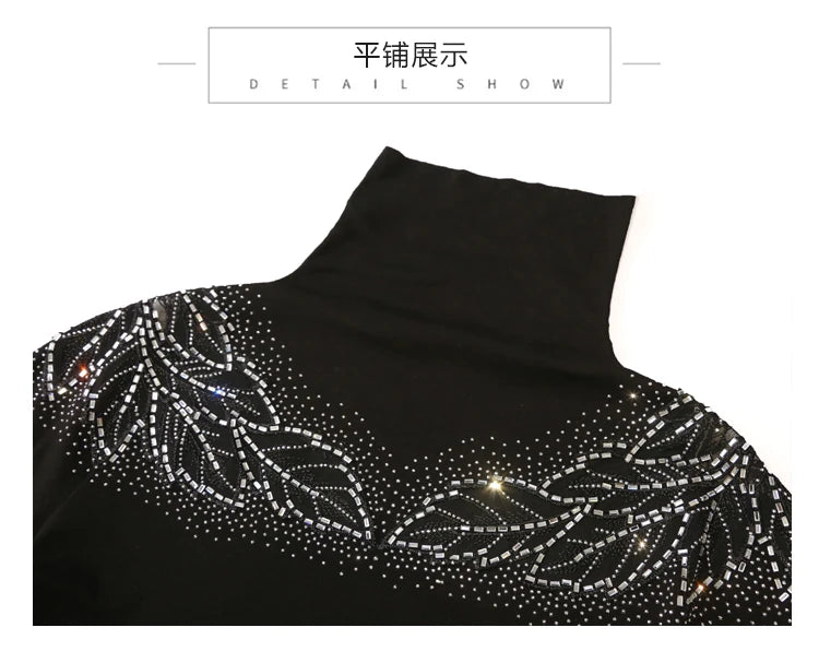 2025 European Station Long Sleeve Women Tees Autumn Winter New Stand collar Hot Diamond T Shirt Fashion Slim Mesh Tops