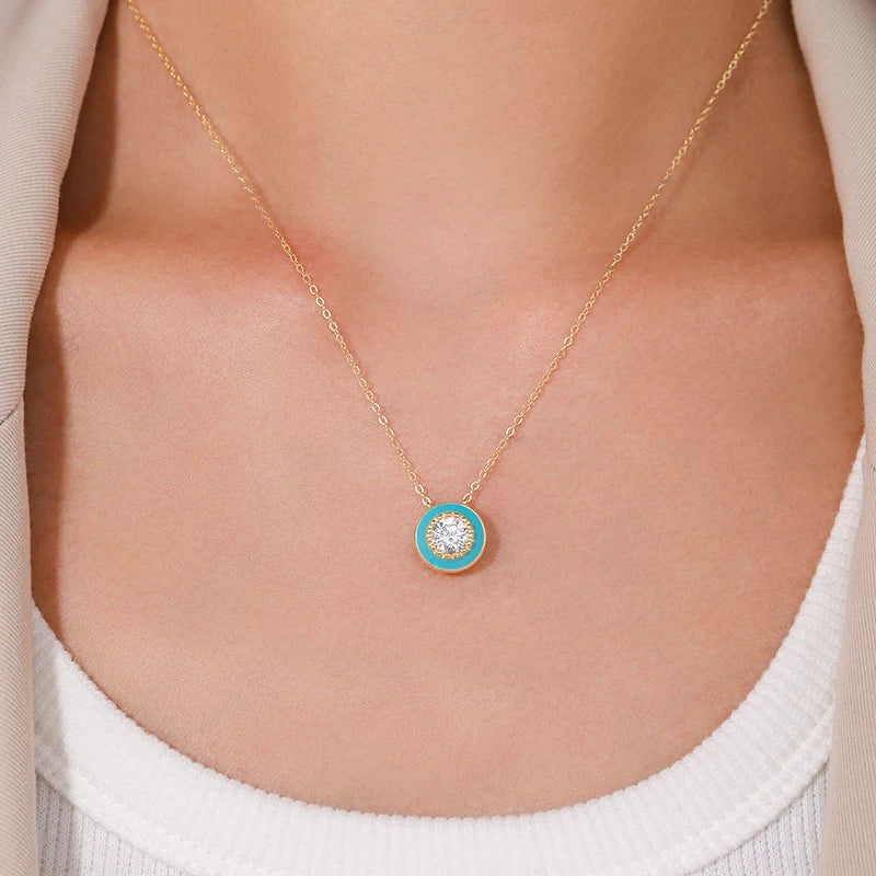 Ailmay 925 Sterling Silver Elegant Round Blue Enamel Pendant Shiny Zirconia Necklace For Women Wedding Engagement Fine Jewelry