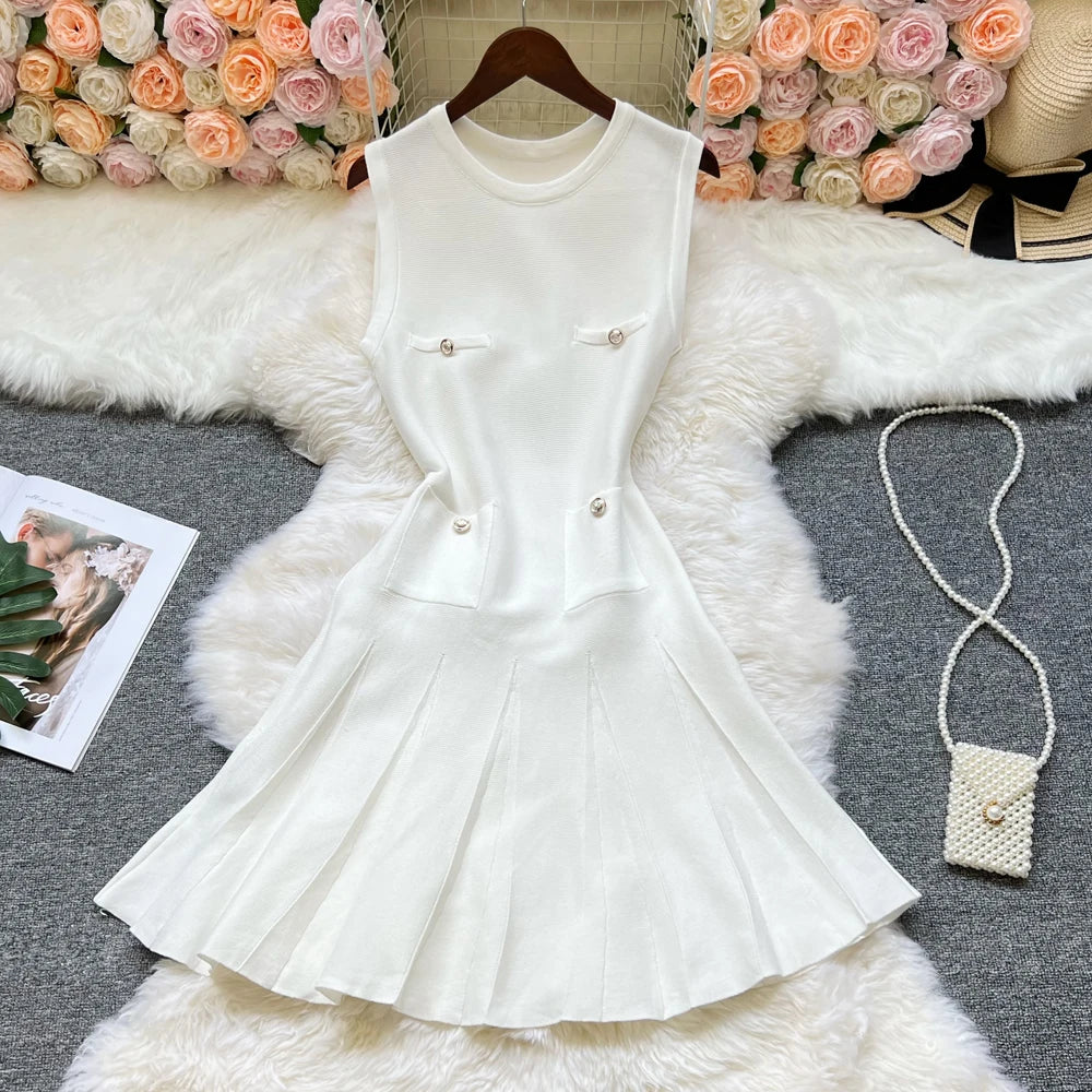 YuooMuoo Chic Fashion 2026 Summer Pleated Short Dress Women O-neck Slim Waist A-line Party Dress Streetwear Lady Outfits Vestido
