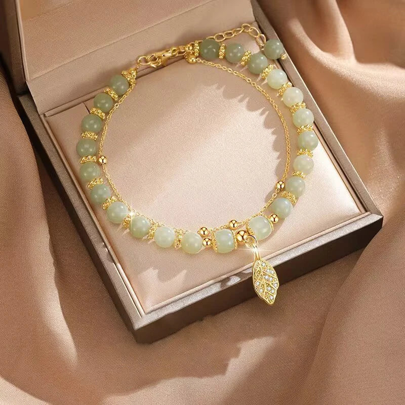 2026Chinese Style Green Jade Bracelet For Women Exquisite Gold Color Leaves Wrist Strap Bangle Double Chain Bracelet Girls Gifts