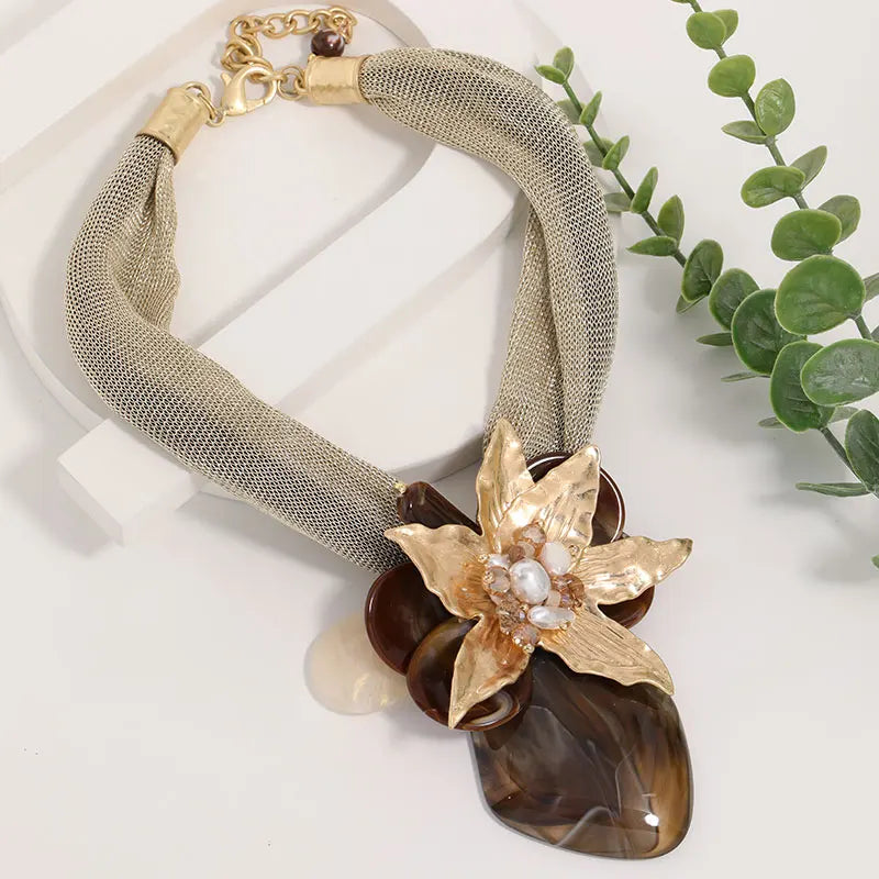 Statement Retro Beads Necklace Big Flower Pendant for Women Girl Wedding Party Jewelry