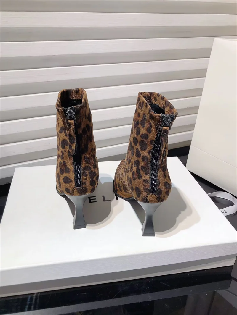 Autumn Women's High Heel Leopard Print Ankle Boots New Winter Pointed Head Thin Heel Chelsea Boots for Shoes Dress D503