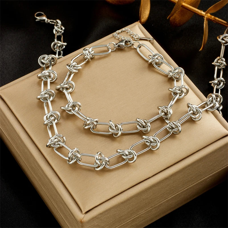 DIEYURO 316L Stainless Steel Gold Silver Color Twist Knot Necklace Bracelets For Womens Girl New Fashion Non-fading Jewelry Set
