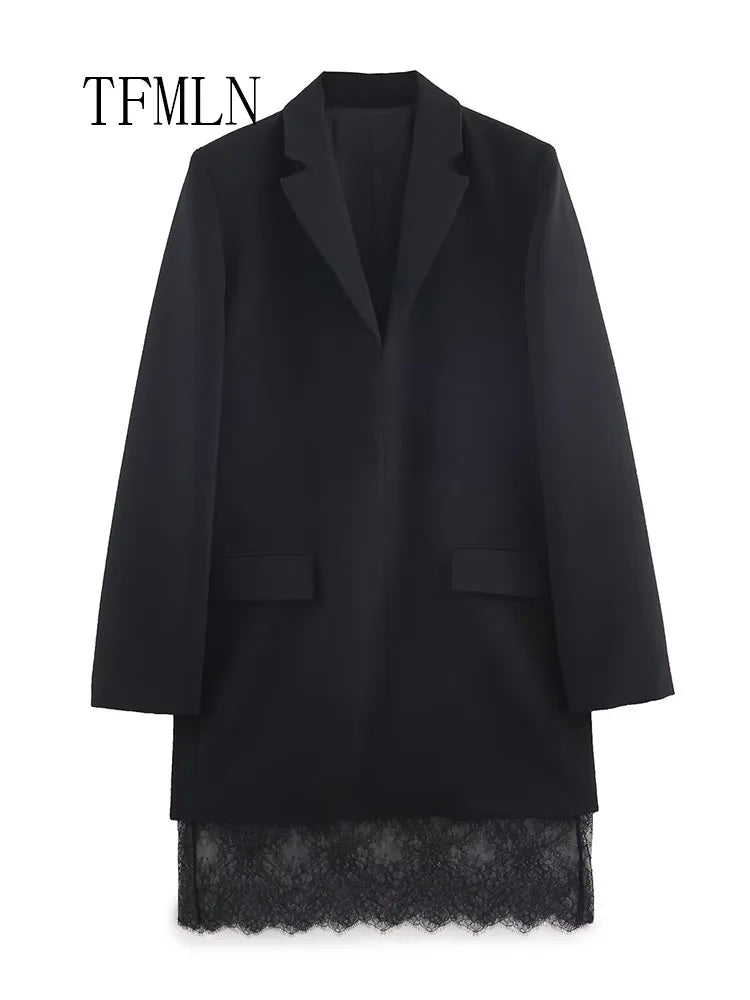 TFMLN 2026 Women Lace-trim Blazer Dress Fashion Notched Long Sleeve Pullover Causal Chic Dress Elegant Office Lady Pockets Dress