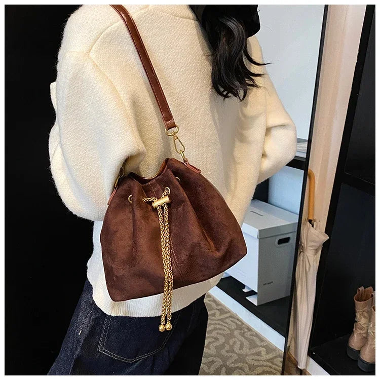 Soft Solid Faux Suede Simple Commuting Crossbody Bags 2026 Hot Sale Sewing Sweet Bags for Women Thread String Women's Handbags
