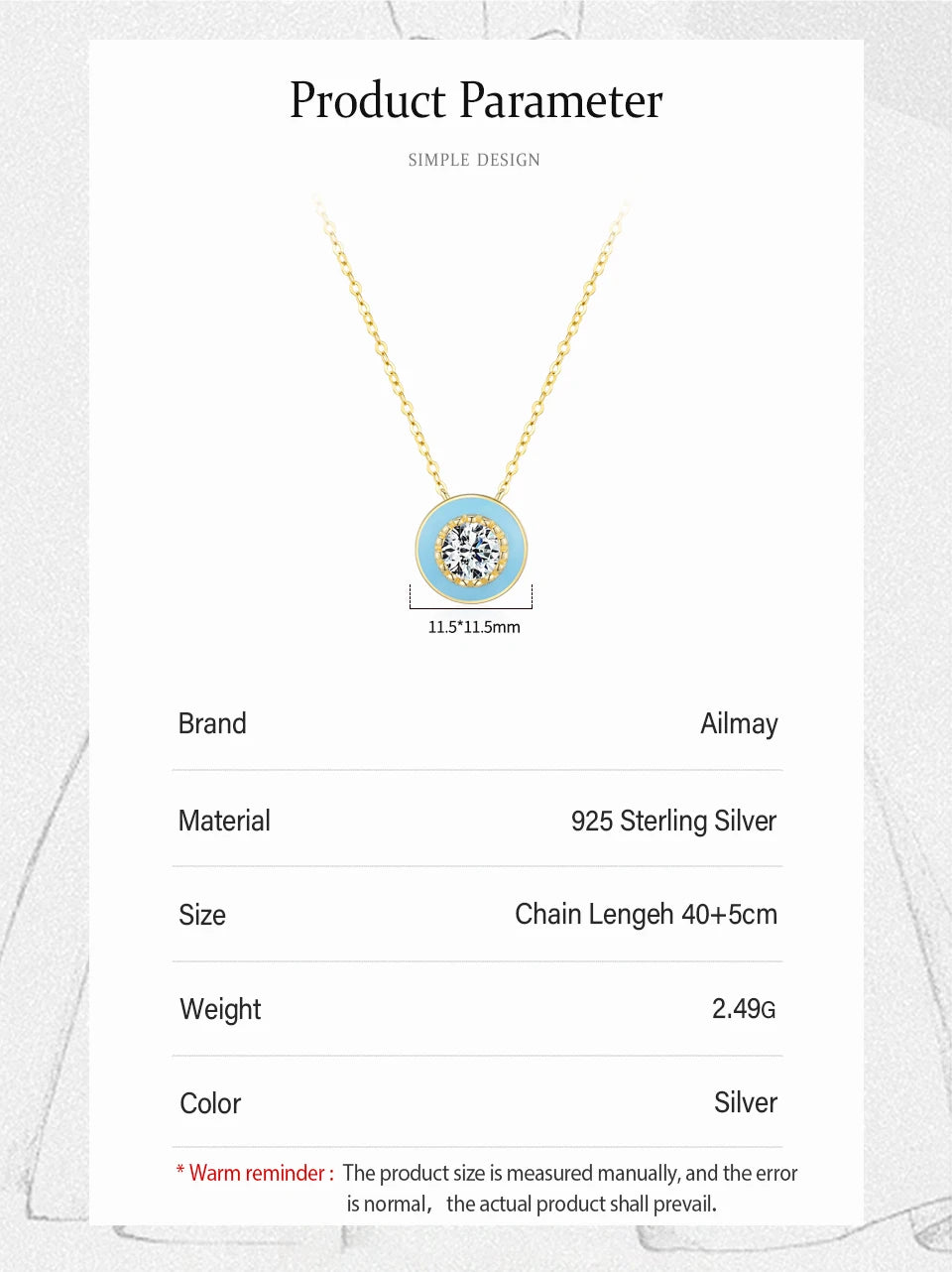 Ailmay 925 Sterling Silver Elegant Round Blue Enamel Pendant Shiny Zirconia Necklace For Women Wedding Engagement Fine Jewelry