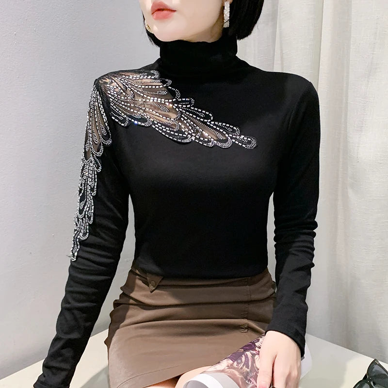 2025 European Station Long Sleeve Women Tees Autumn Winter New Stand collar Hot Diamond T Shirt Fashion Slim Mesh Tops