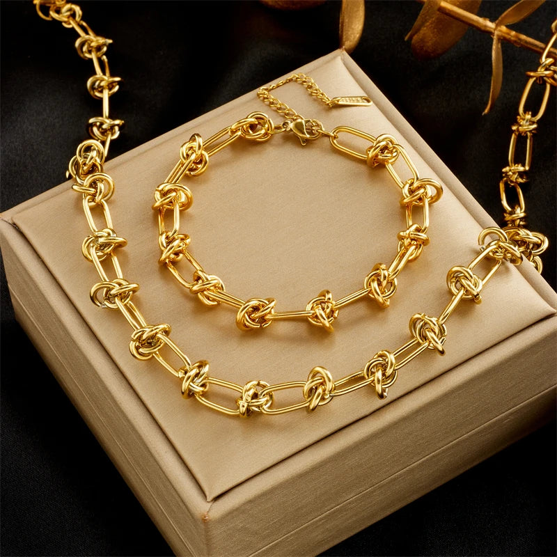 DIEYURO 316L Stainless Steel Gold Silver Color Twist Knot Necklace Bracelets For Womens Girl New Fashion Non-fading Jewelry Set