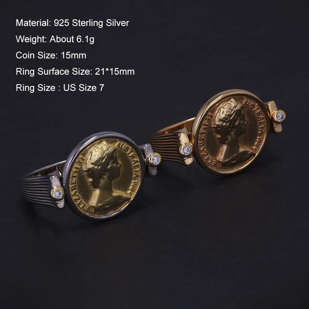 Queen Elizabeth Flipping Silver Coin Reversible Ring Women 925 Sterling Silver Gold Plated US Size 7 Rotating Vintage Jewelry