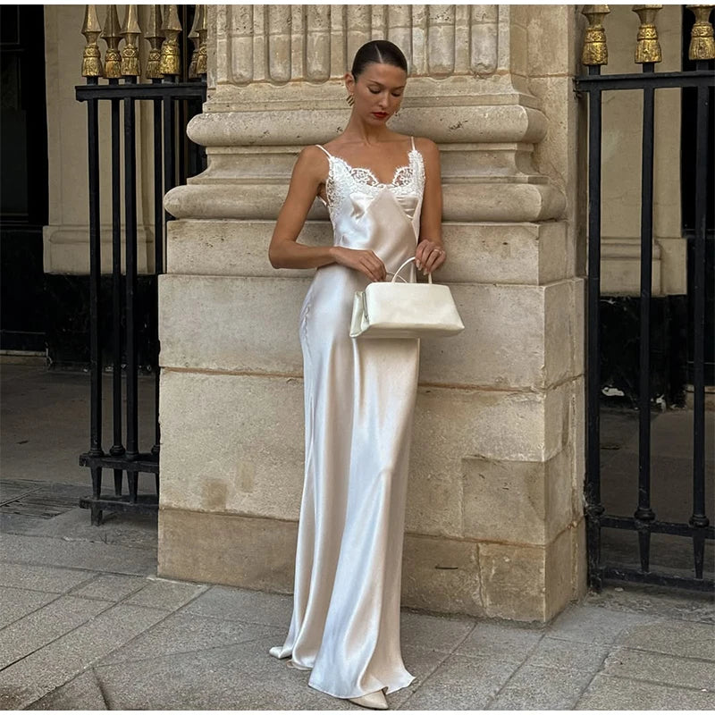 Sexy Satin Sling Maxi Dress Women V-neck Lace Patchwork Sleeveless Backless Slim Dresses 2026 Lady Chic Vacation White Robe