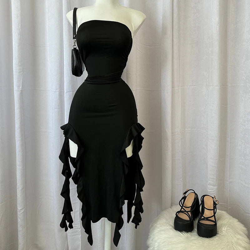 Women Strapless Sexy Floral Fold Hemline High Slit Mini Dress 2024 Solid Backless Sleeveless Black And Pink Party Dress Vestidos