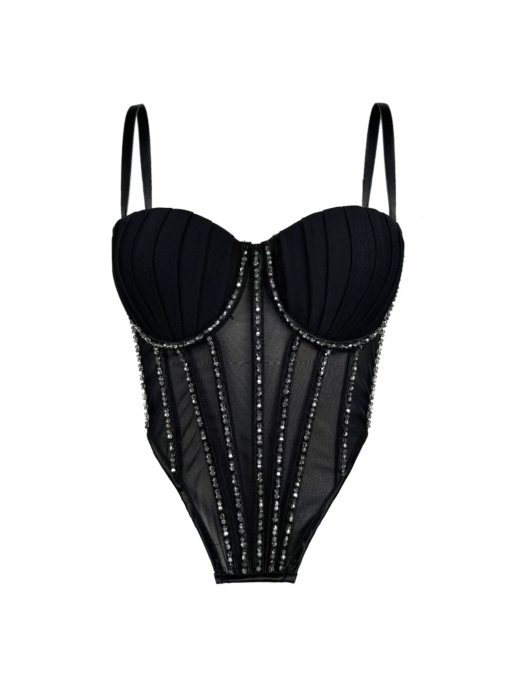 Sexy Mesh Design Camisole Vest Style Ladies Corset Tops with Chest Cushion Sparkling Diamond Decoration Fishbone Lingerie Tops