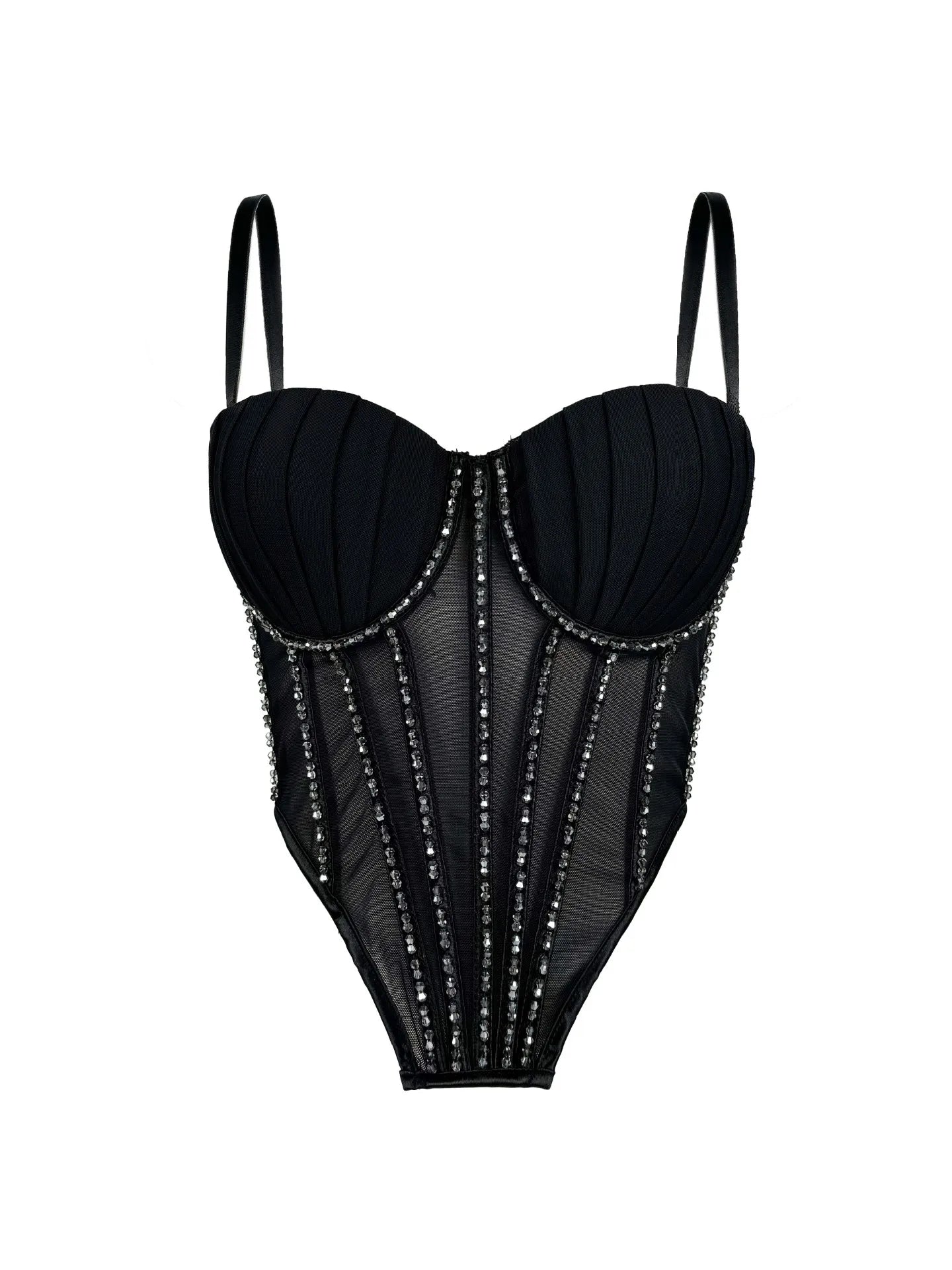 Sexy Mesh Design Camisole Vest Style Ladies Corset Tops with Chest Cushion Sparkling Diamond Decoration Fishbone Lingerie Tops