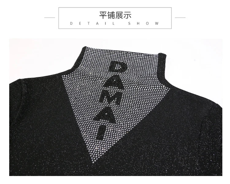 2025 European Station Long Sleeve Women Tees Autumn Winter New Stand collar Hot Diamond T Shirt Fashion Slim Mesh Tops