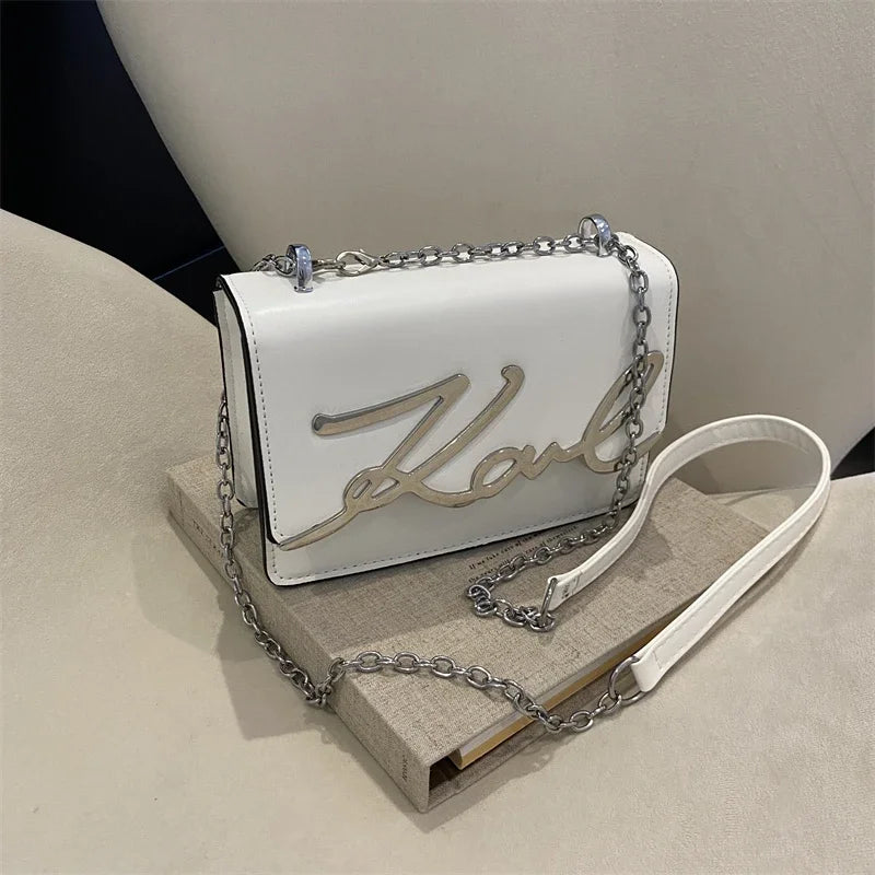 Fashionable Crossbody Bag Solid Color Shoulder Bag Metal Letter Logo ChainLink Strap Featuring Magnetic Button for Daily Use