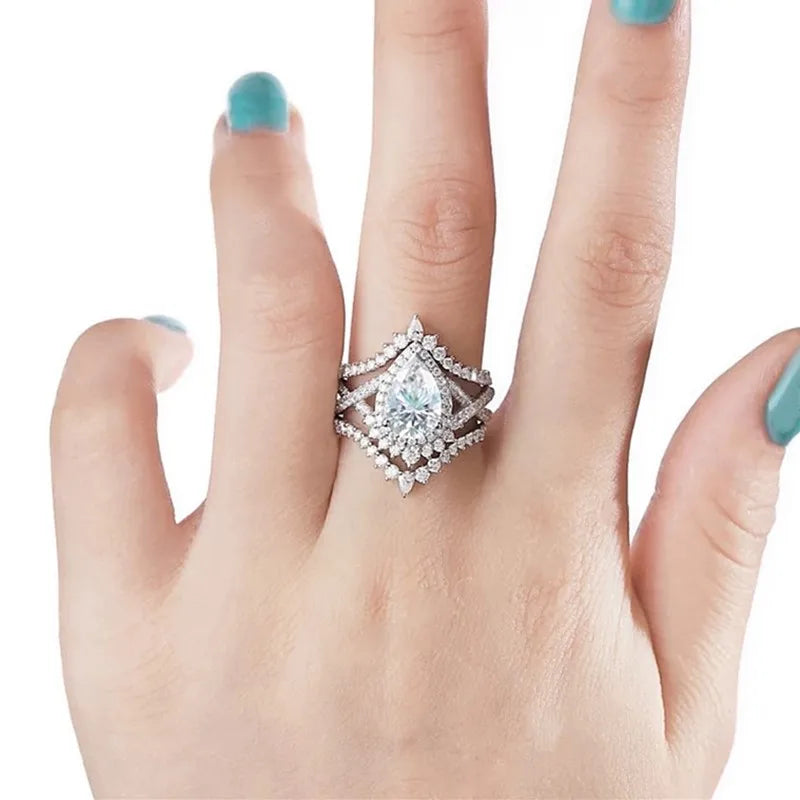 Huitan Gorgeous Pear Cubic Zirconia Set Rings for Women New Fashion Wedding Accessories Temperament Female Jewelry Drop Shipping