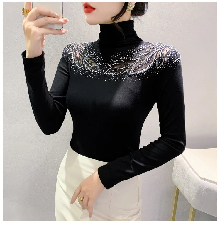 2025 European Station Long Sleeve Women Tees Autumn Winter New Stand collar Hot Diamond T Shirt Fashion Slim Mesh Tops