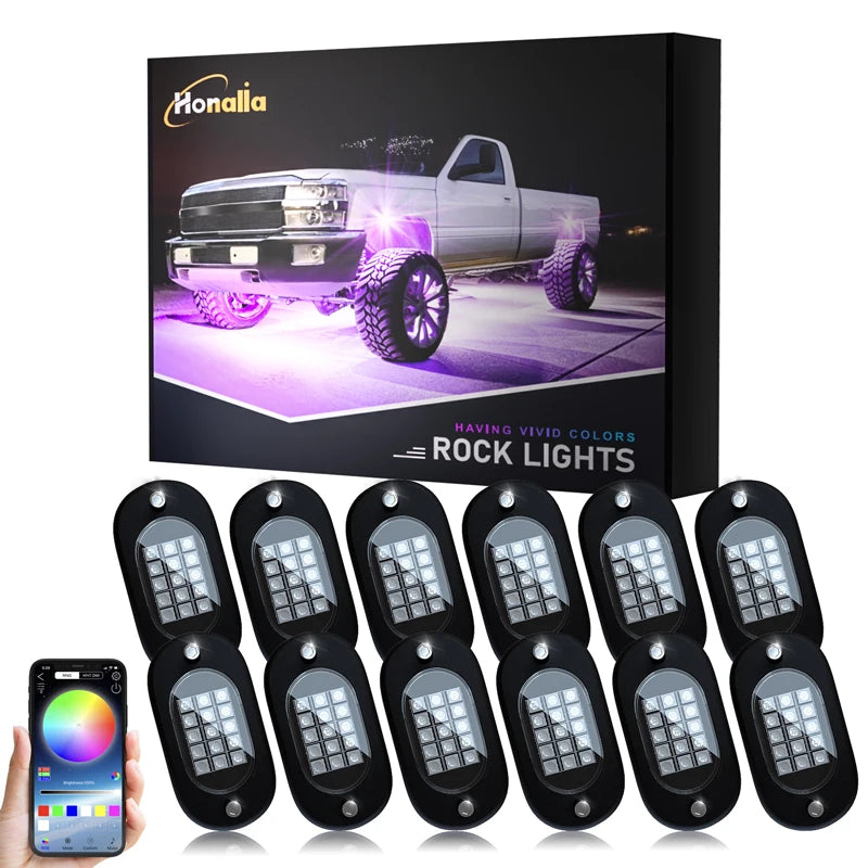 Honalia LED Rock Lights for Trucks 4/6/8/10/12 Pods RGB Truck Rock Lights Kits with App Control for ATV UTV RZR