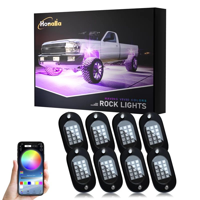 Honalia LED Rock Lights for Trucks 4/6/8/10/12 Pods RGB Truck Rock Lights Kits with App Control for ATV UTV RZR