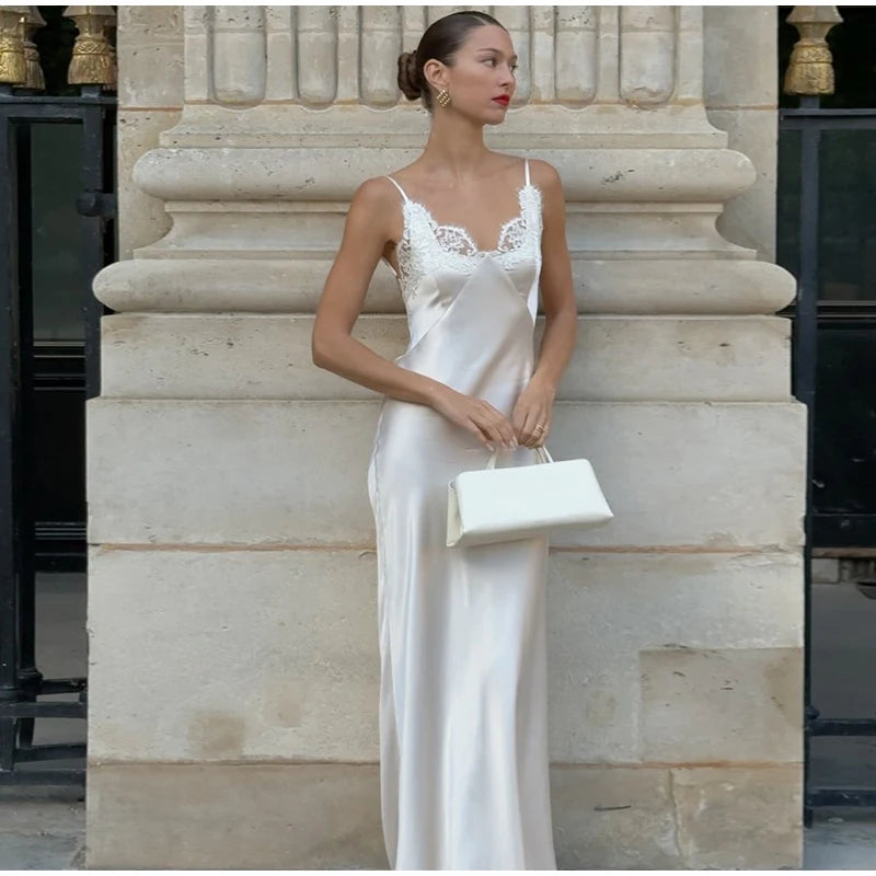 Sexy Satin Sling Maxi Dress Women V-neck Lace Patchwork Sleeveless Backless Slim Dresses 2026 Lady Chic Vacation White Robe
