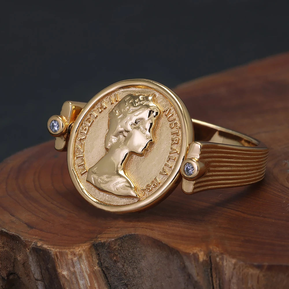 Queen Elizabeth Flipping Silver Coin Reversible Ring Women 925 Sterling Silver Gold Plated US Size 7 Rotating Vintage Jewelry