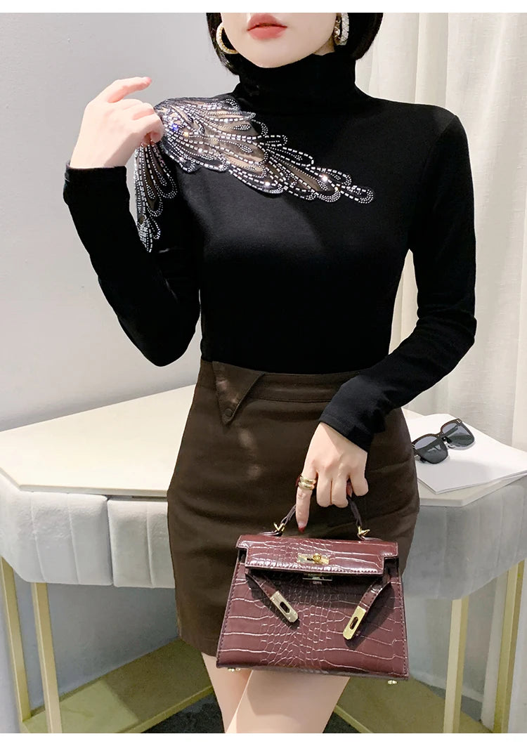 2025 European Station Long Sleeve Women Tees Autumn Winter New Stand collar Hot Diamond T Shirt Fashion Slim Mesh Tops