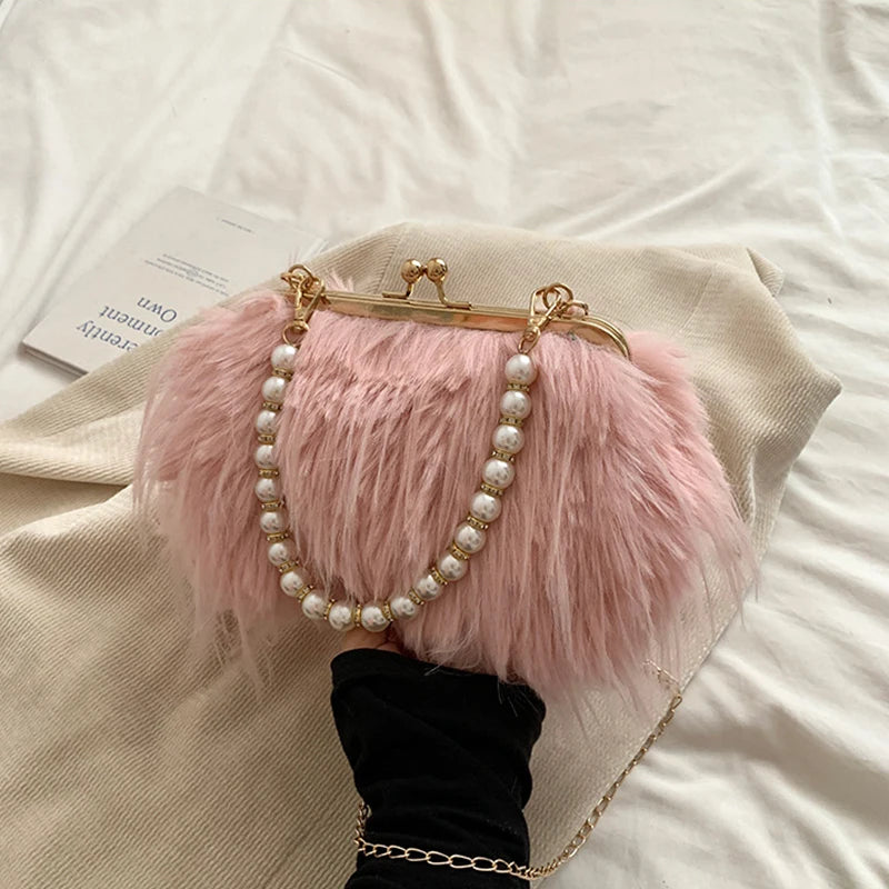 French Square Evening Banquet Bag Handle Pearls Plush Handbag Large Capacity Lock Buckle Shoulder Crossbody Bag Wedding