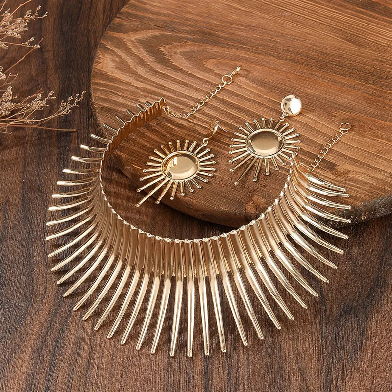 Fashion Jewelry Set African Gold Color Metal Big Exaggerated Choker Necklace And Earrings Set For Women Party Accessories